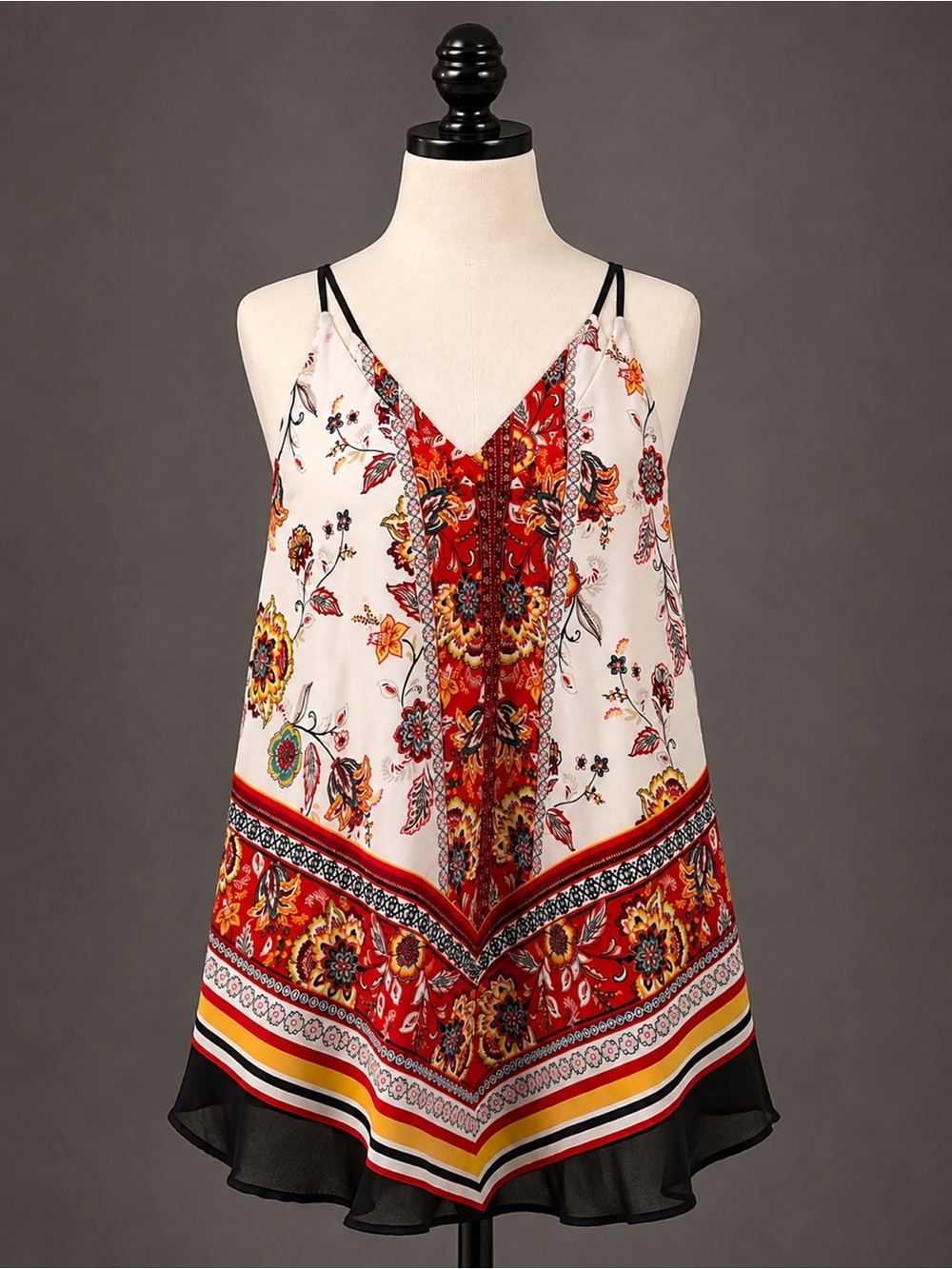 Boho Scarf Print Strappy V Neck Tank Top Large